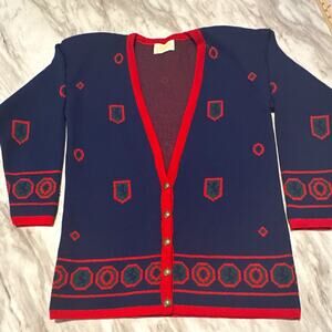 vintage 1980s navy blue and red wool button-front cardigan by Pendleton Prestine